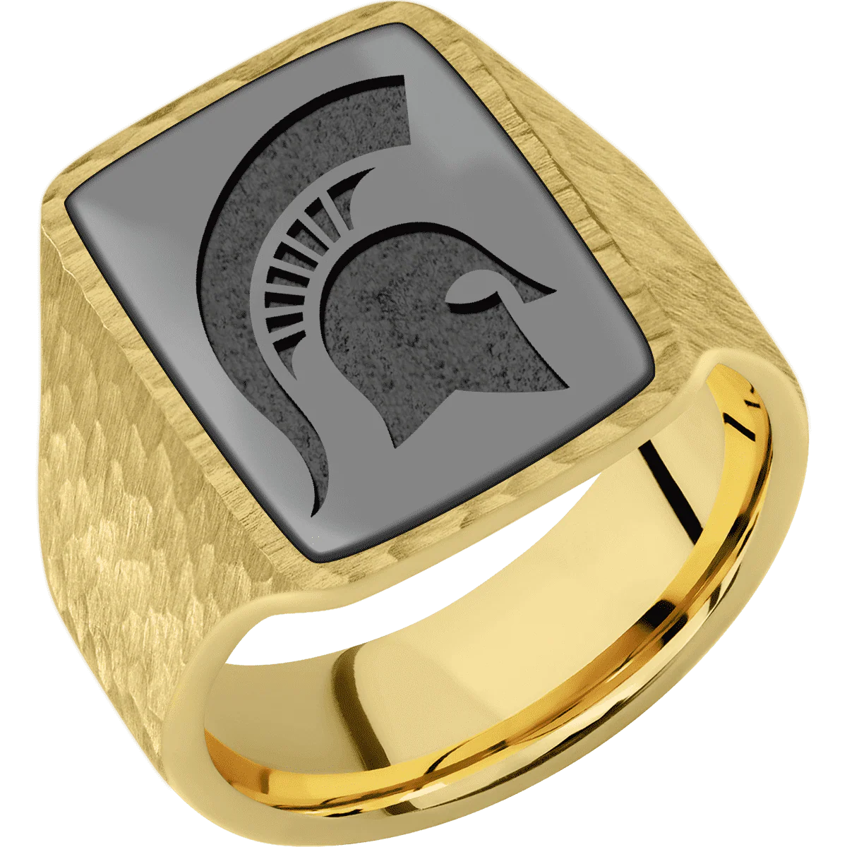 Large Rectangle signet ring (20x14.5mm) in 18K Yellow Gold, with a Wide style band, a Zirconium inlay and a Michigan State Spartan Helmet engraving. - Image 2