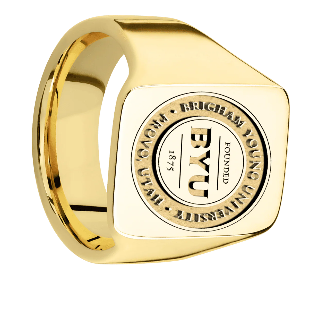 Large Rectangle signet ring (20x14.5mm) in 18K Yellow Gold, with a Wide style band and a Brigham Young Univeristy Seal engraving.