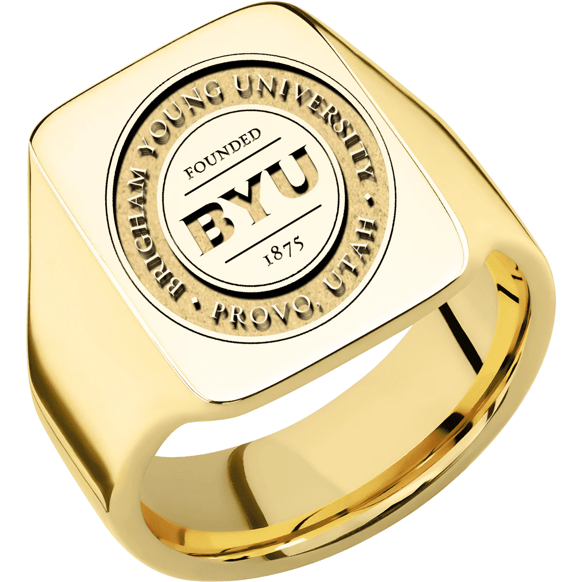 Large Rectangle signet ring (20x14.5mm) in 18K Yellow Gold, with a Wide style band and a Brigham Young Univeristy Seal engraving. - Image 2