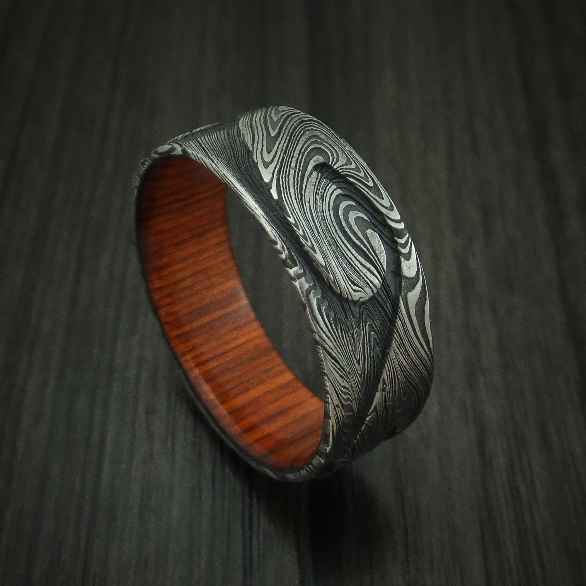 Marble Kuro Damascus Steel Wave Men's Ring with Wood Sleeve Custom Made