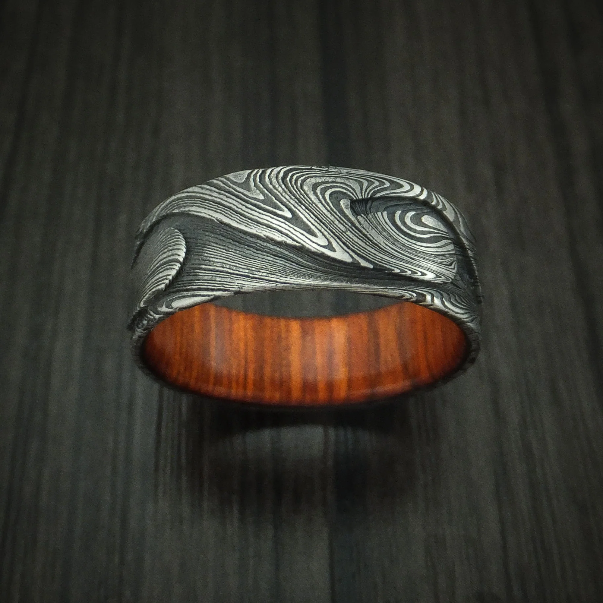 Marble Kuro Damascus Steel Wave Men's Ring with Wood Sleeve Custom Made - Image 2