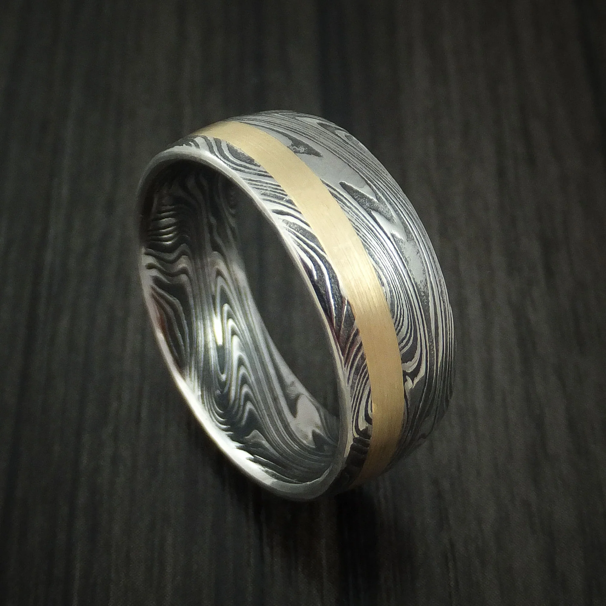 Marbled Kuro Damascus Steel and 14k Rose Gold Men's Ring Wedding Band Custom Made