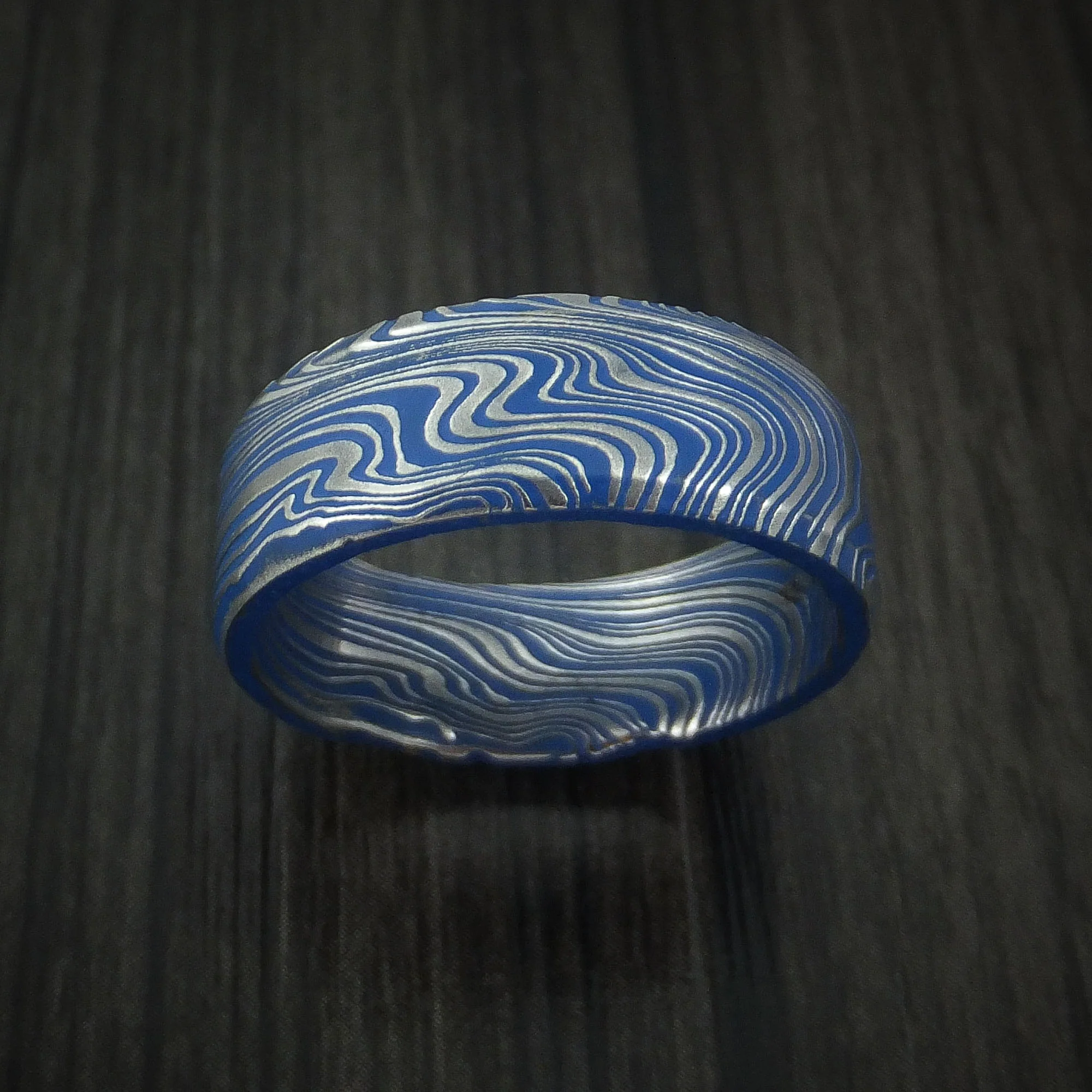 Marbled Kuro Damascus Steel and Ridgeway Blue Cerakote Men's Ring Custom Made Band - Image 2