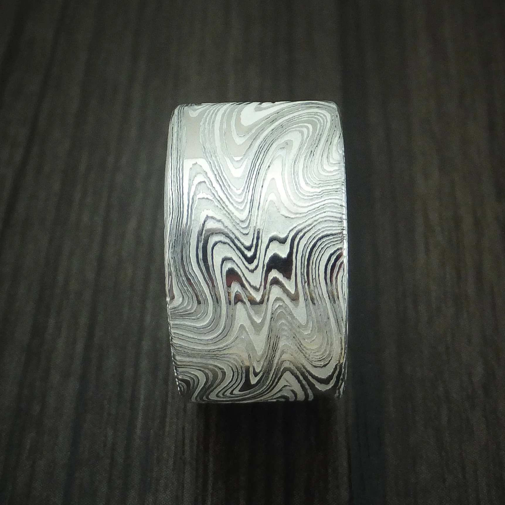 Marbled Kuro Damascus Steel and Snow White Cerakote Men's Ring Custom Made Band - Image 3
