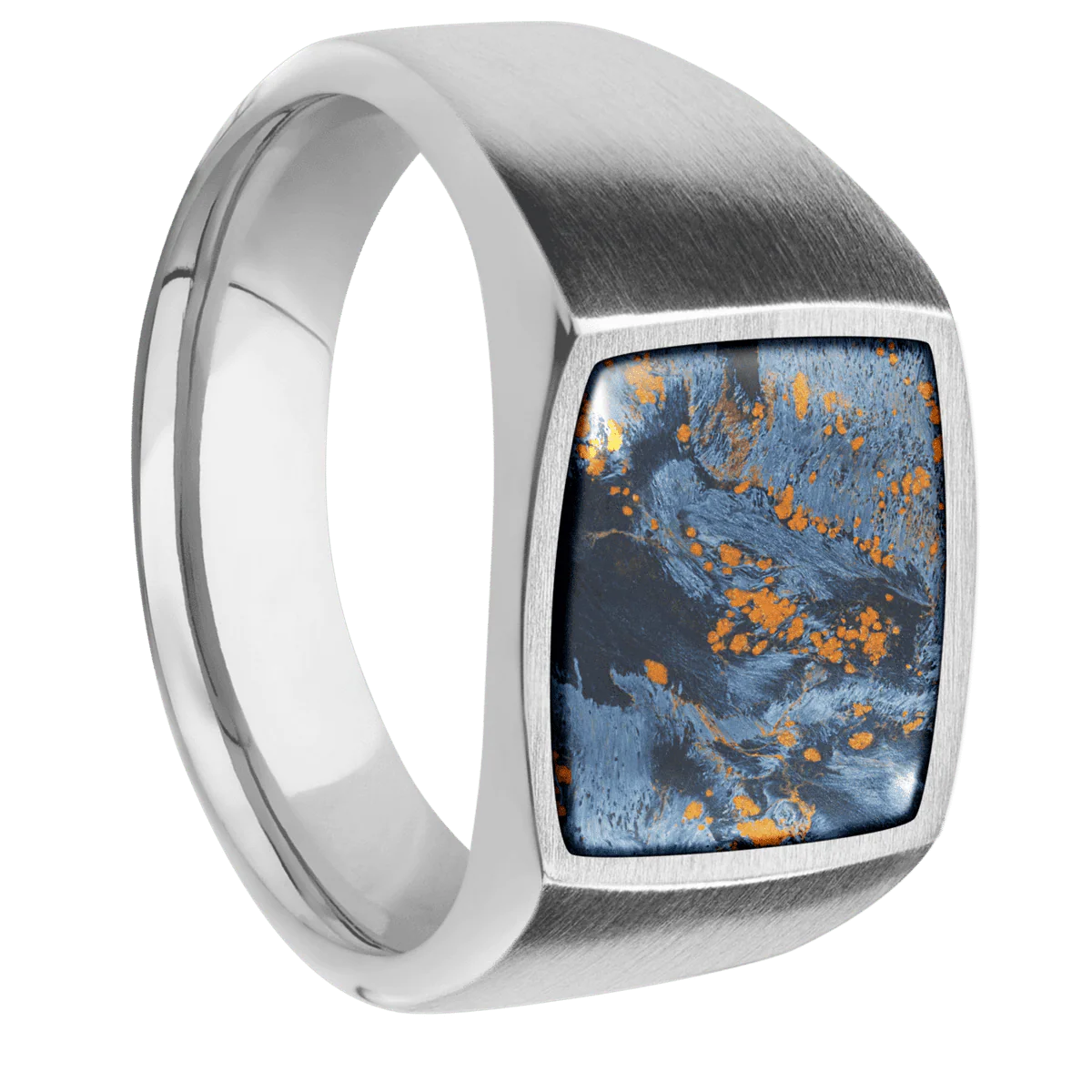 Medium Cushion signet ring (14x14mm) in 10K White Gold, with a Wide style band, a Pietersite inlay.