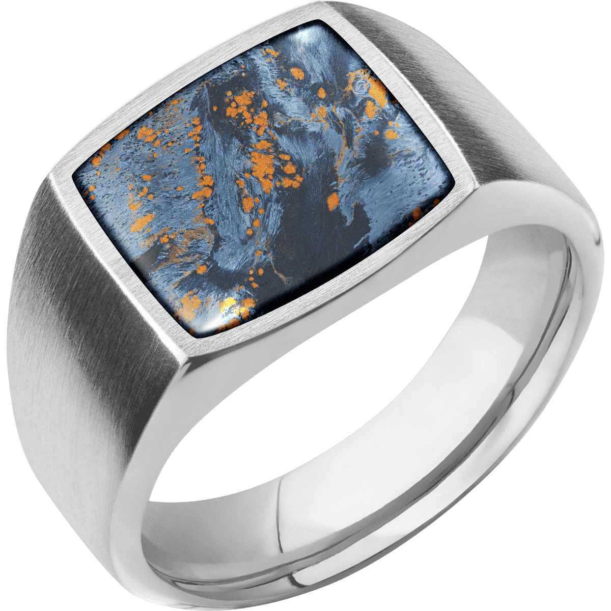 Medium Cushion signet ring (14x14mm) in 10K White Gold, with a Wide style band, a Pietersite inlay. - Image 2
