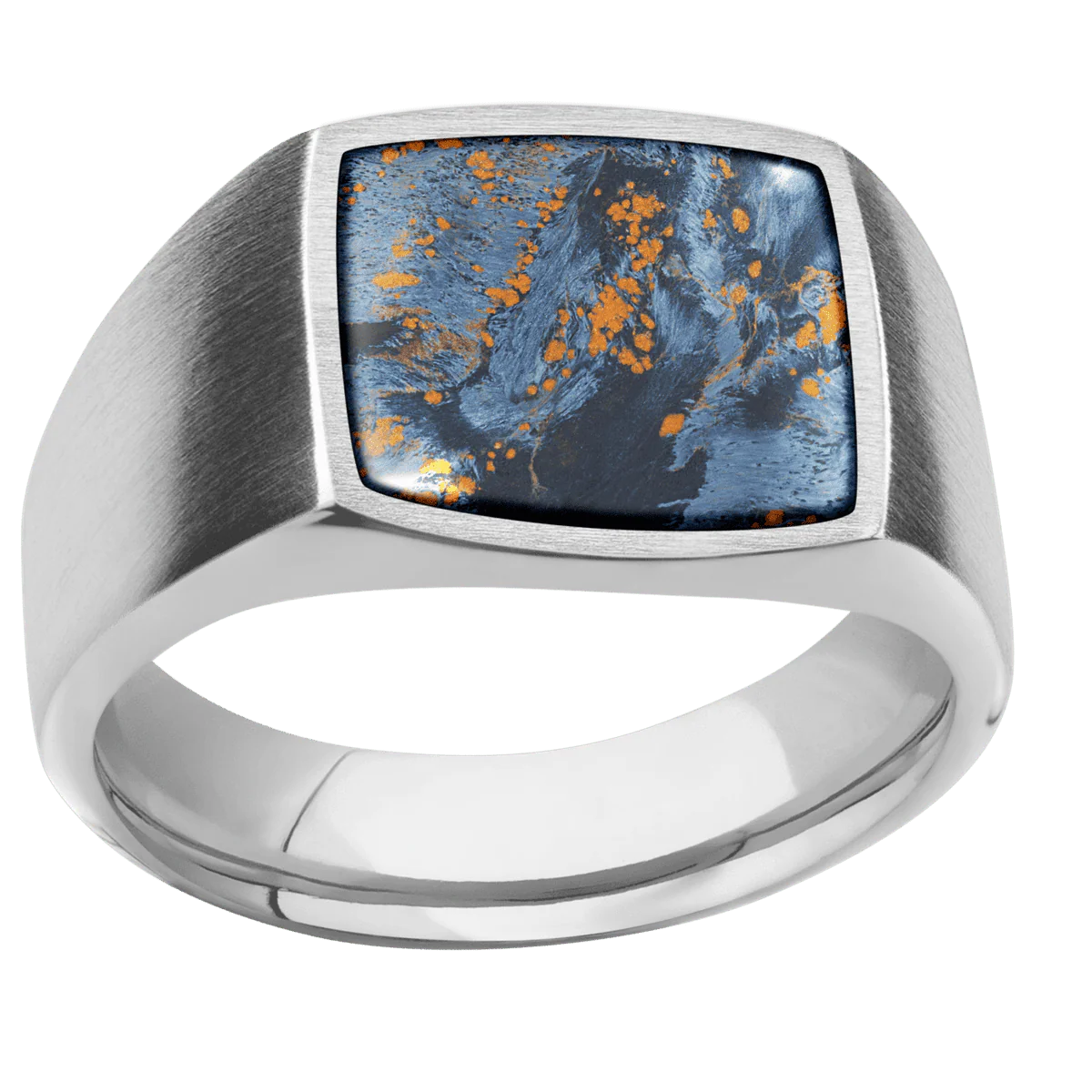 Medium Cushion signet ring (14x14mm) in 10K White Gold, with a Wide style band, a Pietersite inlay. - Image 3