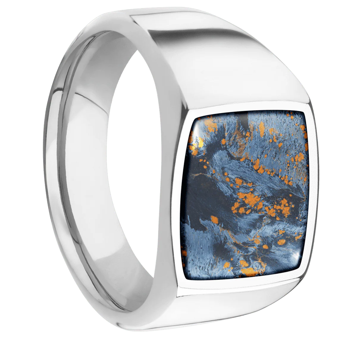 Medium Cushion signet ring (14x14mm) in Palladium Silver, with a Wide style band, a Pietersite inlay.