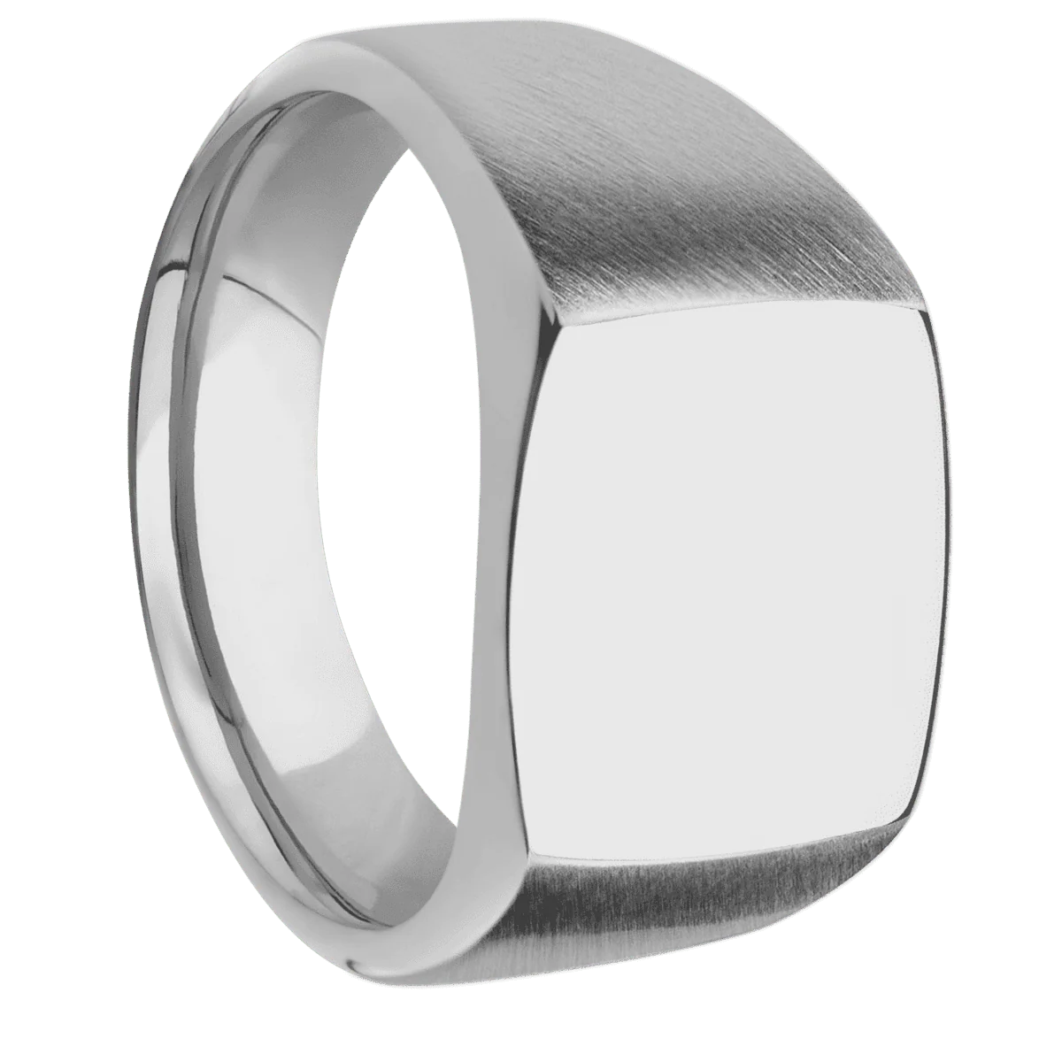 Medium Cushion signet ring (14x14mm) in Titanium, with a Wide style band.