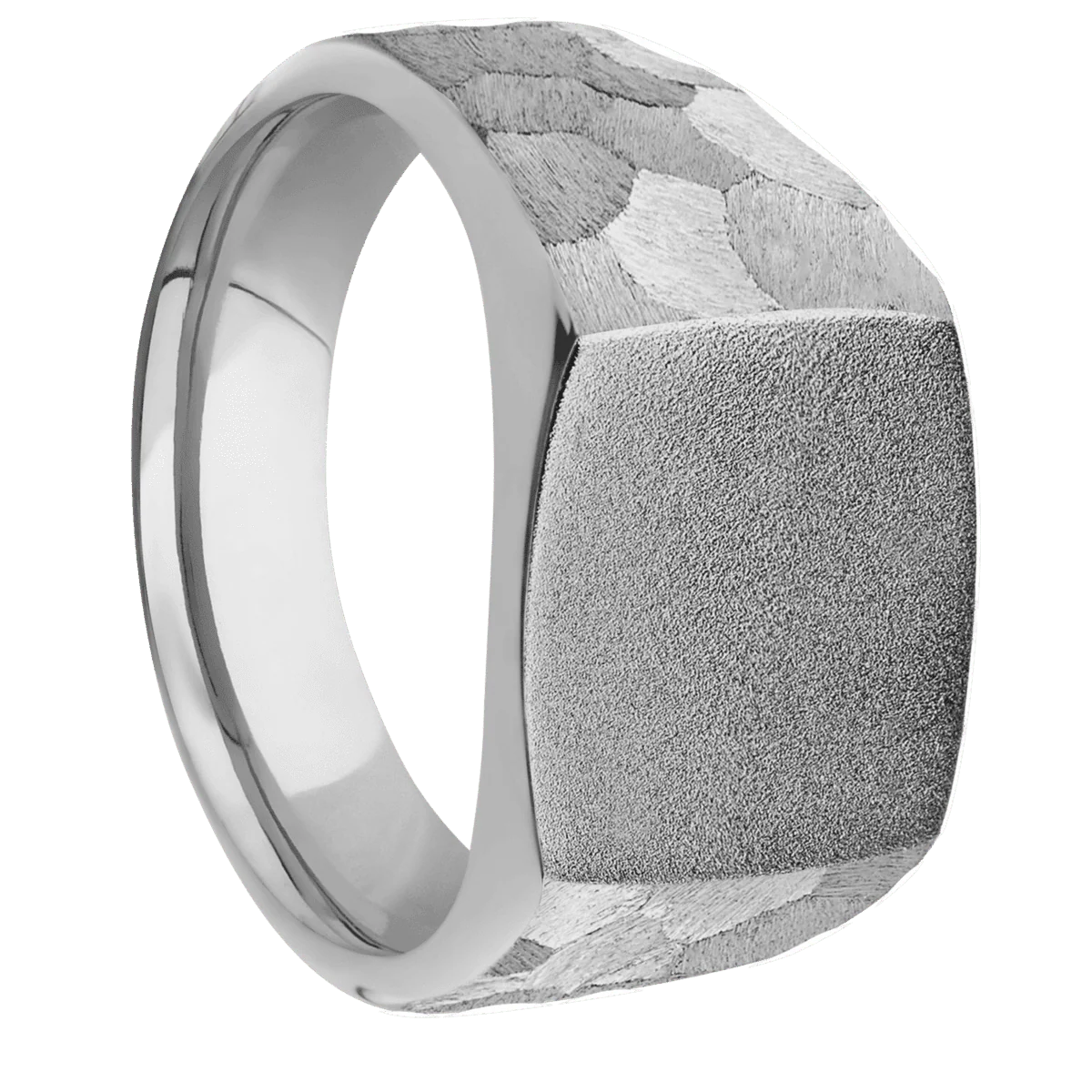 Medium Cushion signet ring (14x14mm) in Titanium, with a Wide style band.