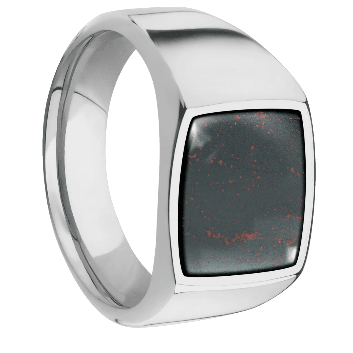 Medium Cushion signet ring (14x14mm) in Titanium, with a Wide style band, a Blood Stone inlay.