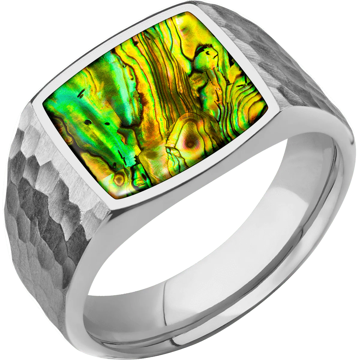 Medium Cushion signet ring (14x14mm) in Titanium, with a Wide style band, a Neon Abalone inlay. - Image 2