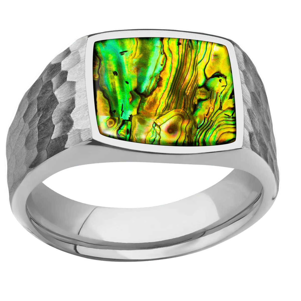 Medium Cushion signet ring (14x14mm) in Titanium, with a Wide style band, a Neon Abalone inlay. - Image 3