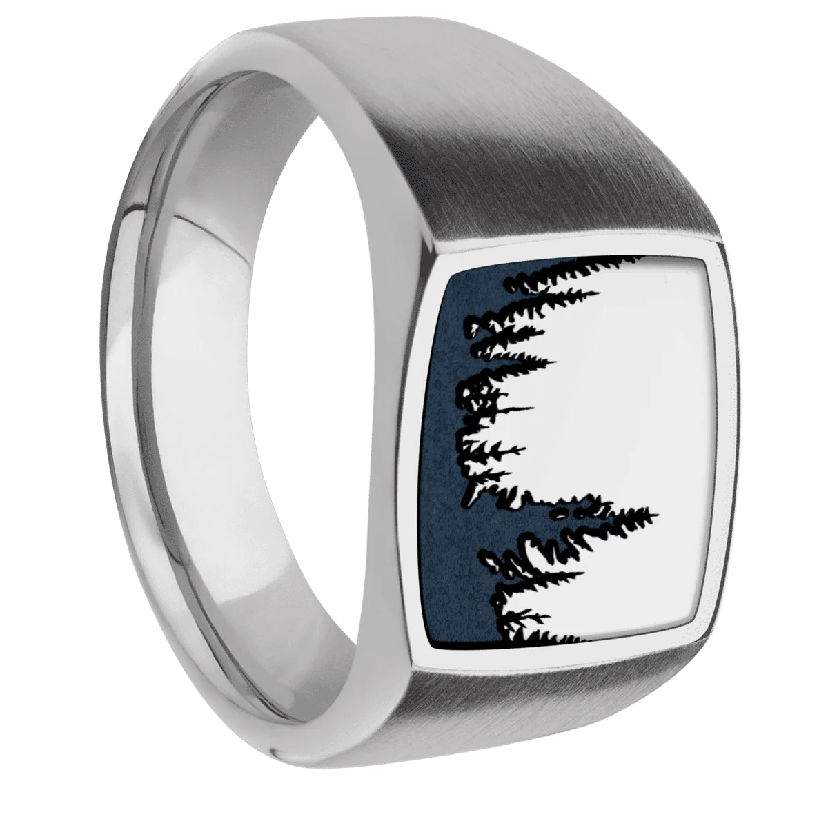 Medium Cushion signet ring (14x14mm) in Titanium, with a Wide style band, a Platinum inlay and a Trees engraving.