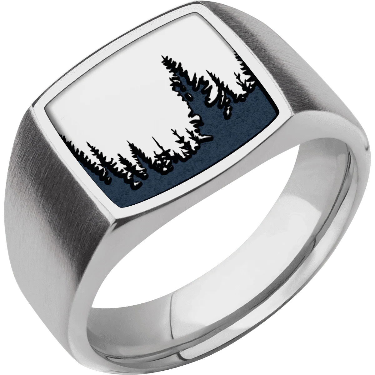 Medium Cushion signet ring (14x14mm) in Titanium, with a Wide style band, a Platinum inlay and a Trees engraving. - Image 2