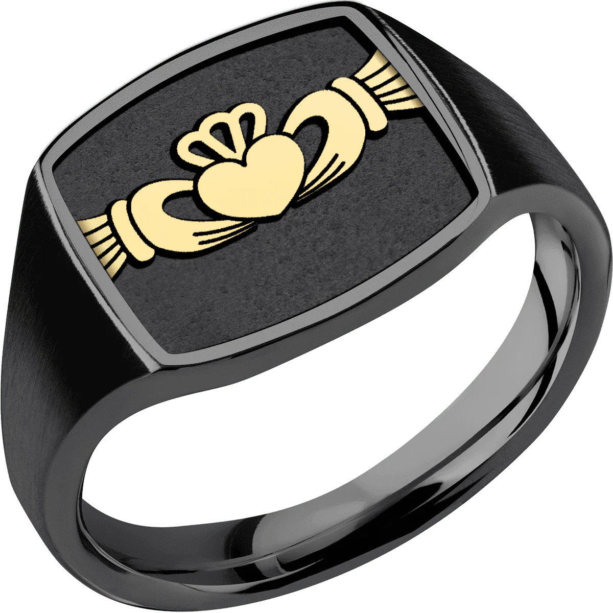 Medium Cushion signet ring (14x14mm) in Zirconium, with a Thin style band, a 14K Yellow Gold inlay and a Claddagh 4 engraving. - Image 2