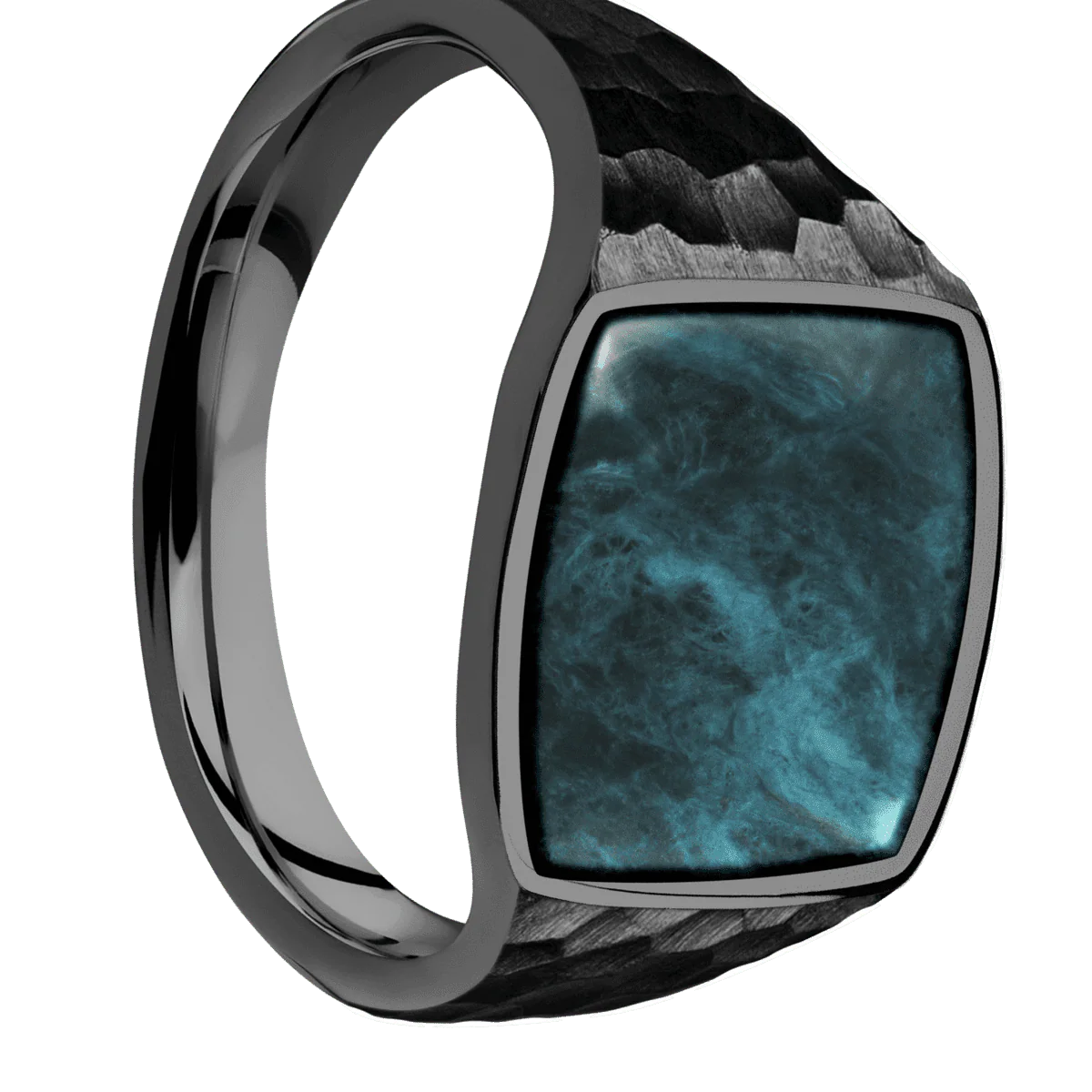 Medium Cushion signet ring (14x14mm) in Zirconium, with a Thin style band, a Washington Blue Jade inlay.