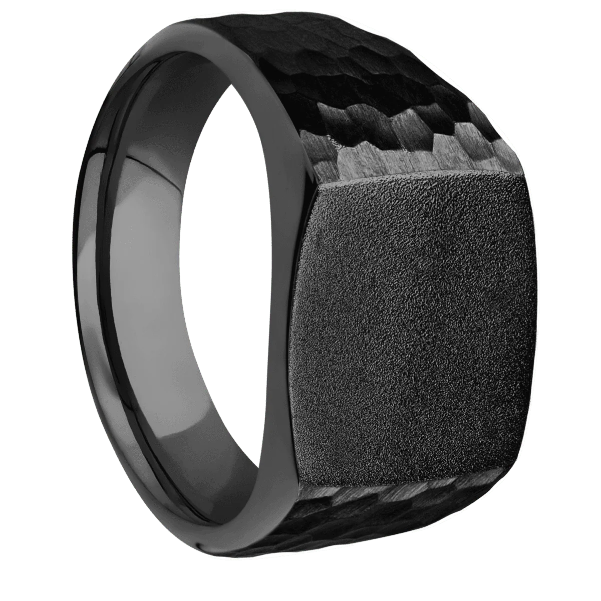 Medium Cushion signet ring (14x14mm) in Zirconium, with a Wide style band.