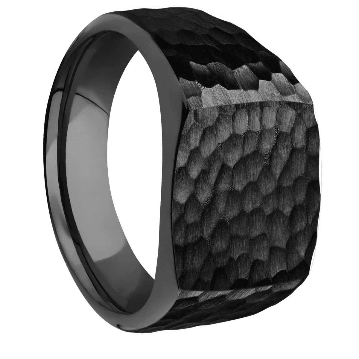 Medium Cushion signet ring (14x14mm) in Zirconium, with a Wide style band.