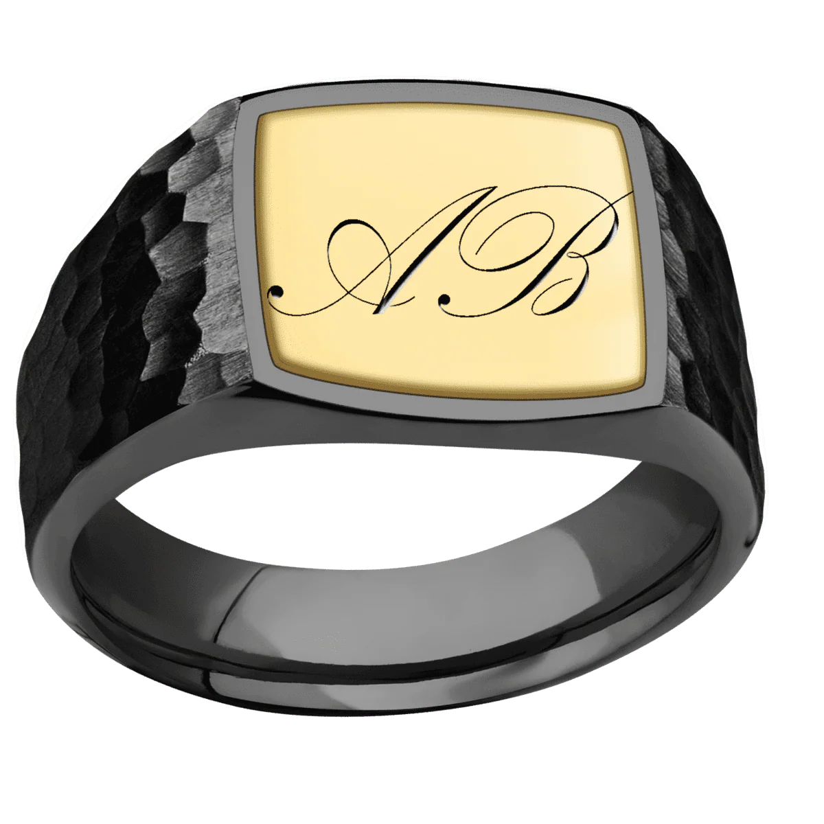 Medium Cushion signet ring (14x14mm) in Zirconium, with a Wide style band, a 18K Yellow Gold inlay and a Kunstler Script 2 engraving. - Image 3