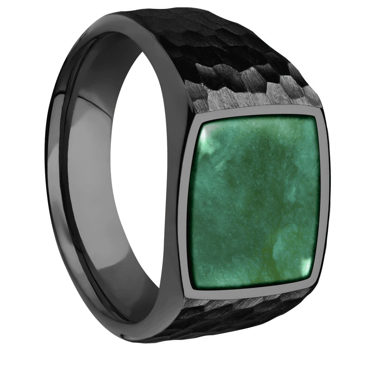Medium Cushion signet ring (14x14mm) in Zirconium, with a Wide style band, a Washington Green Jade inlay.