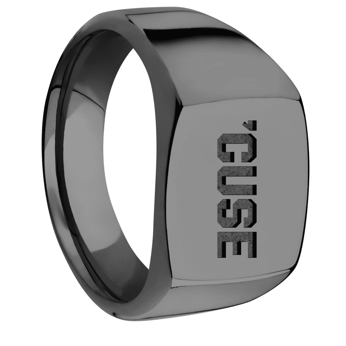 Medium Cushion signet ring (14x14mm) in Zirconium, with a Wide style band and a Syracuse Cuse Wordmark engraving.