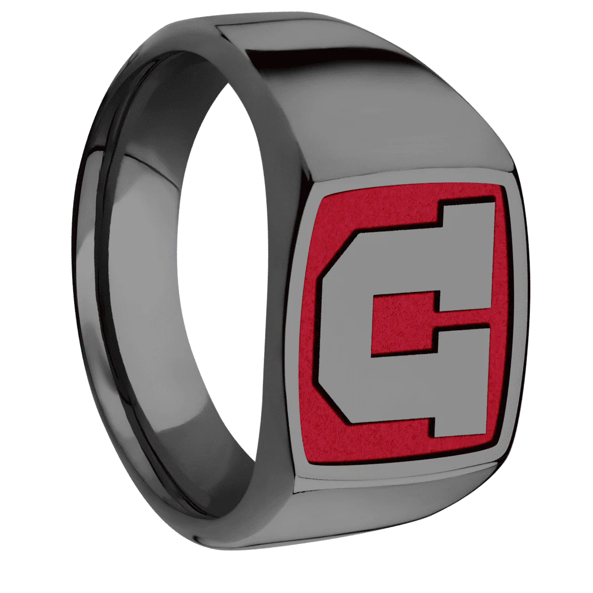 Medium Cushion signet ring (14x14mm) in Zirconium, with a Wide style band and an Utah Block U Rev engraving.