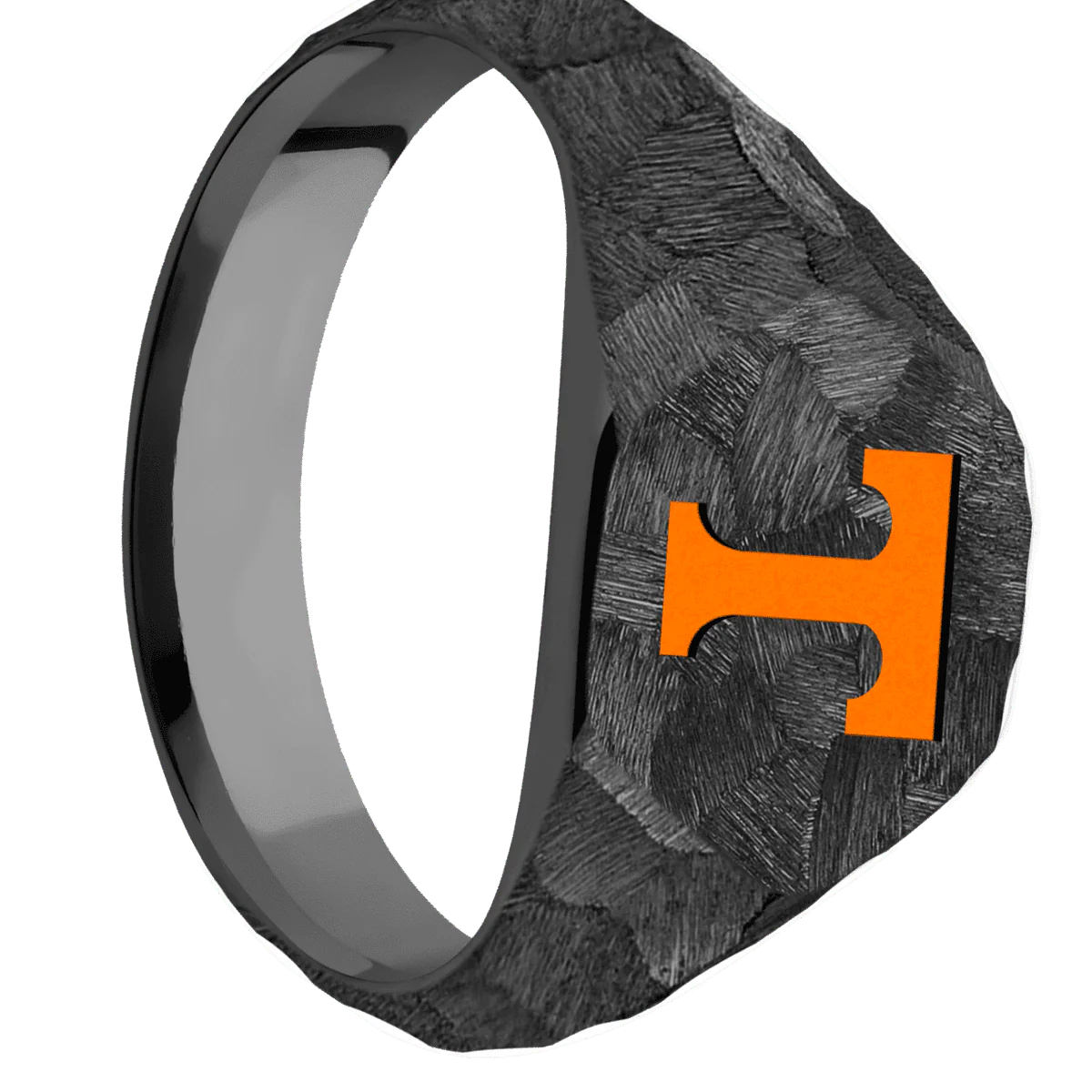 Medium Hexagon signet ring (13.9x12mm) in Zirconium, with a Wide style band and a Tennessee Power T engraving.