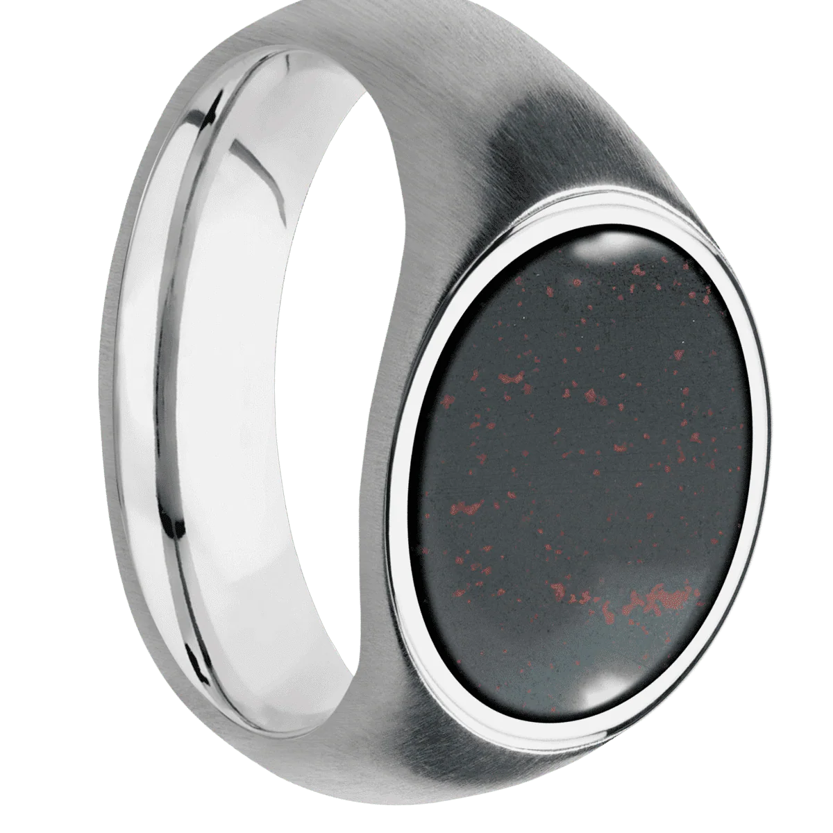 Medium Horizontal Oval signet ring (16x13mm) in 10K White Gold, with a Wide style band, a Blood Stone inlay.