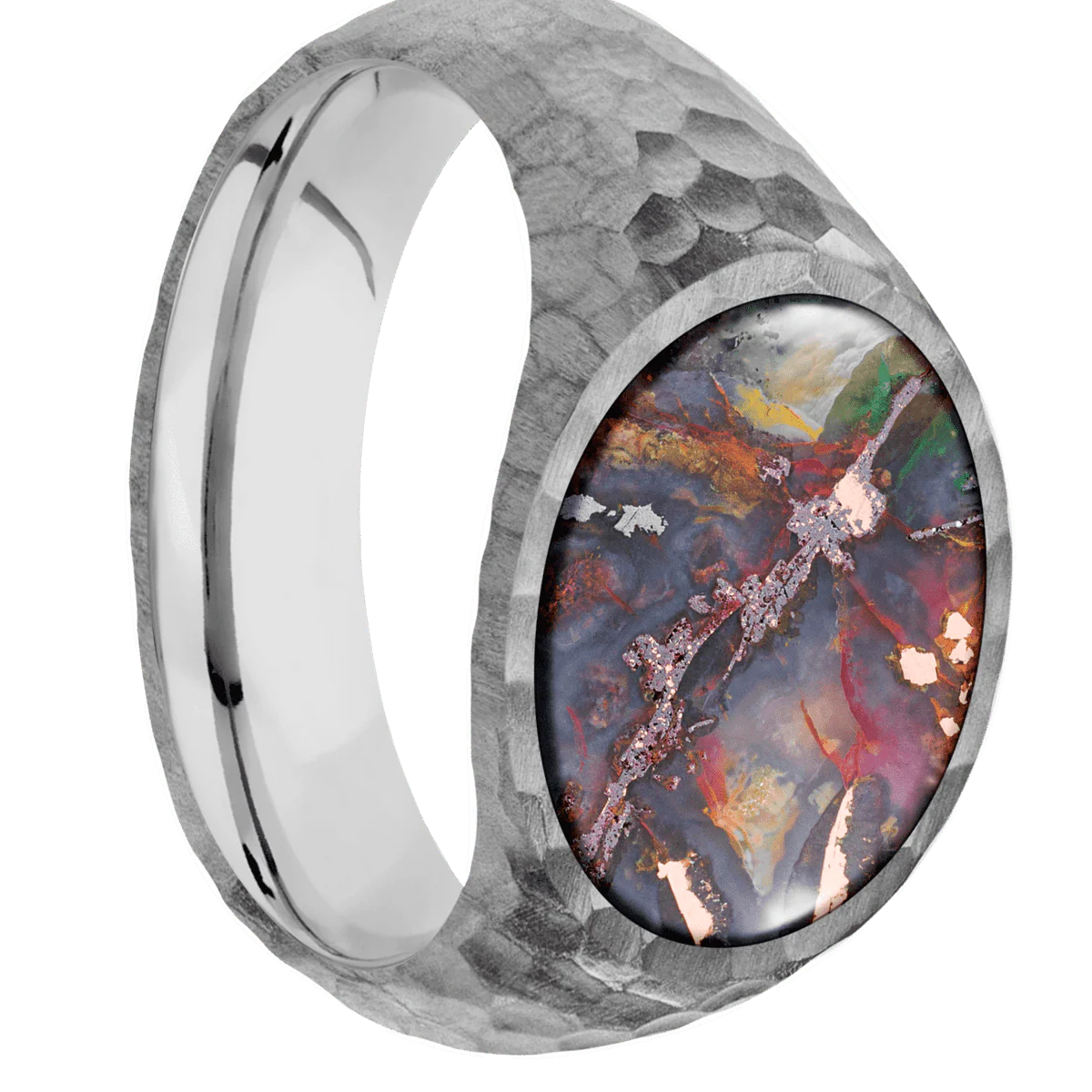 Medium Horizontal Oval signet ring (16x13mm) in Titanium, with a Wide style band, a Chrysocopper inlay.
