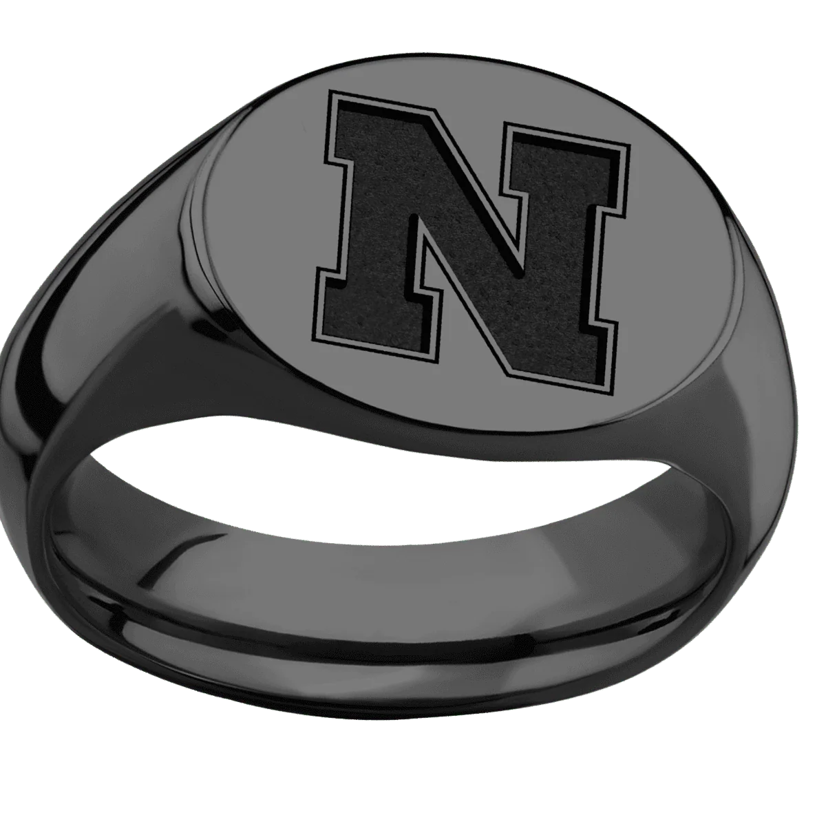 Medium Horizontal Oval signet ring (16x13mm) in Zirconium, with a Wide style band and a Nebraska Block N engraving. - Image 3