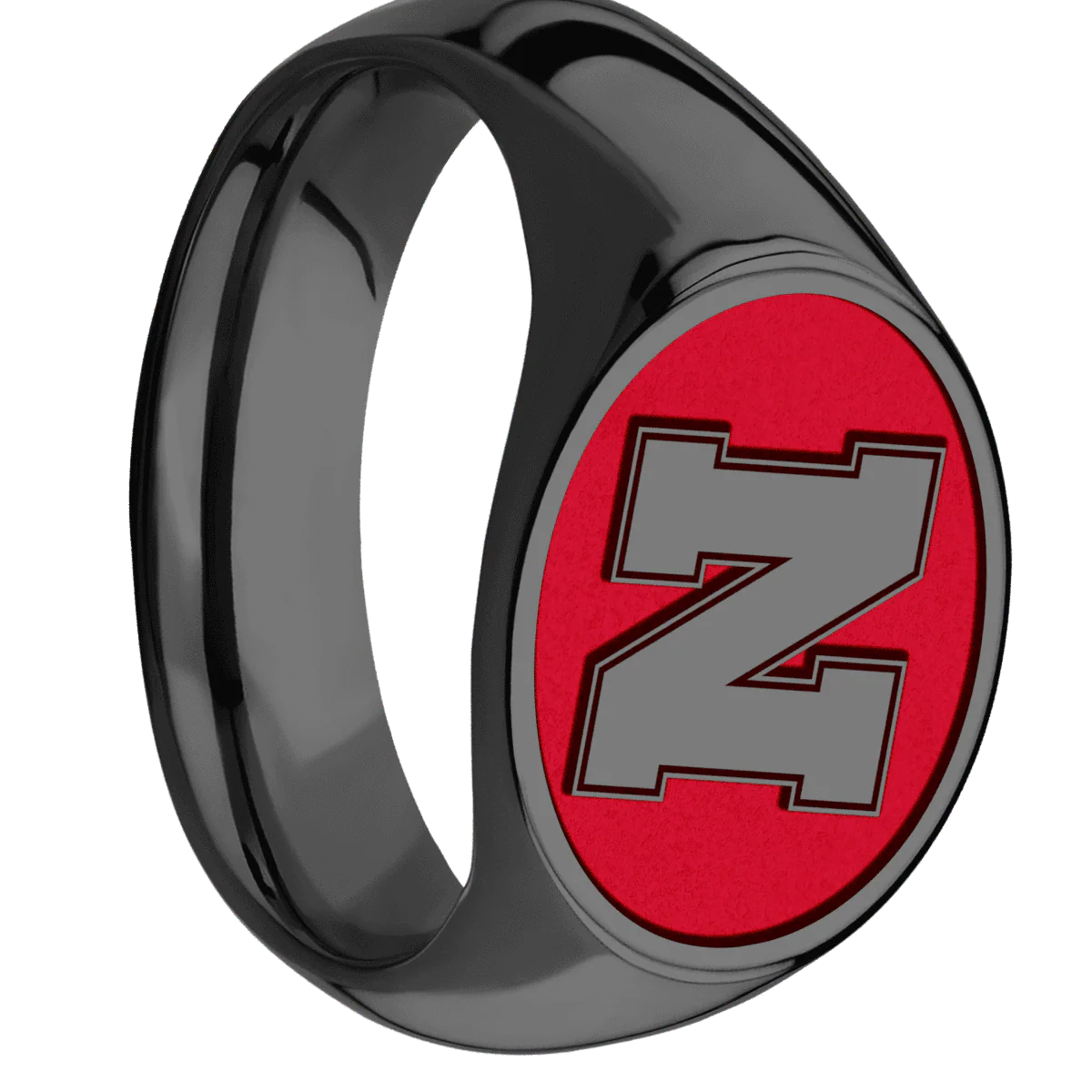 Medium Horizontal Oval signet ring (16x13mm) in Zirconium, with a Wide style band and a Nebraska Block N Rev engraving.