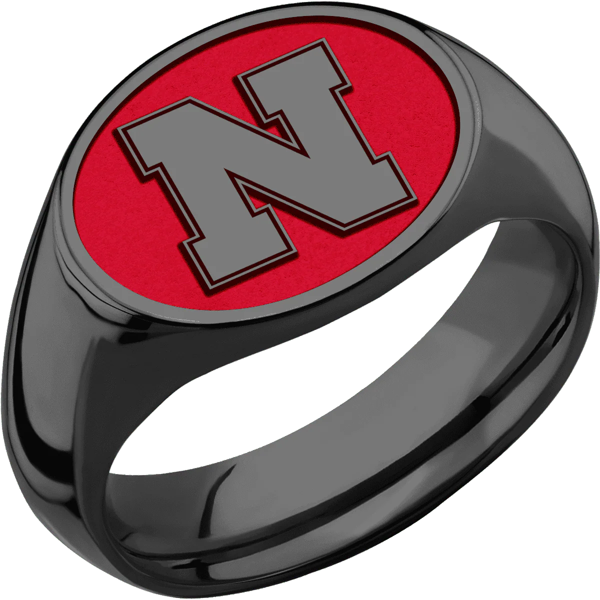Medium Horizontal Oval signet ring (16x13mm) in Zirconium, with a Wide style band and a Nebraska Block N Rev engraving. - Image 2