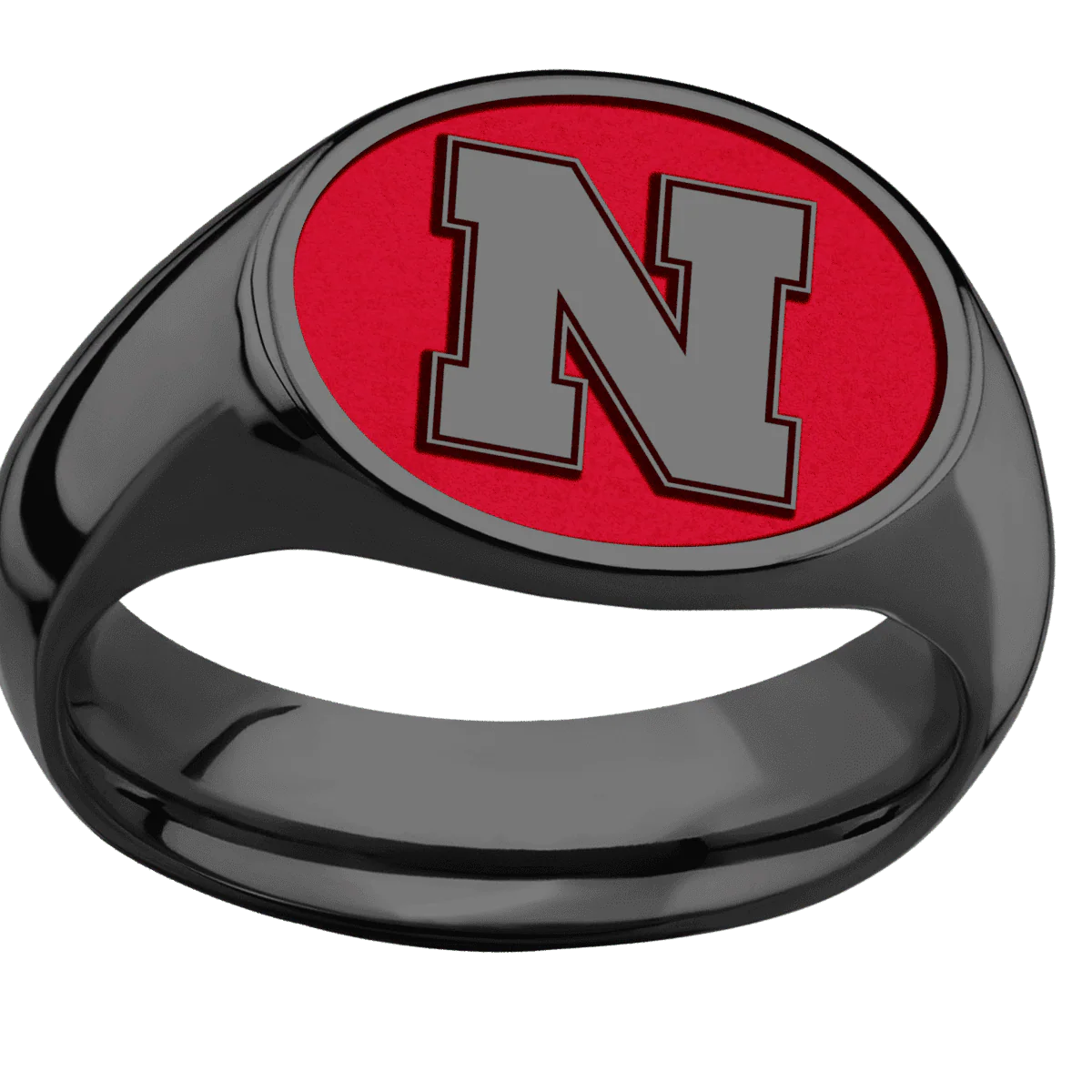 Medium Horizontal Oval signet ring (16x13mm) in Zirconium, with a Wide style band and a Nebraska Block N Rev engraving. - Image 3