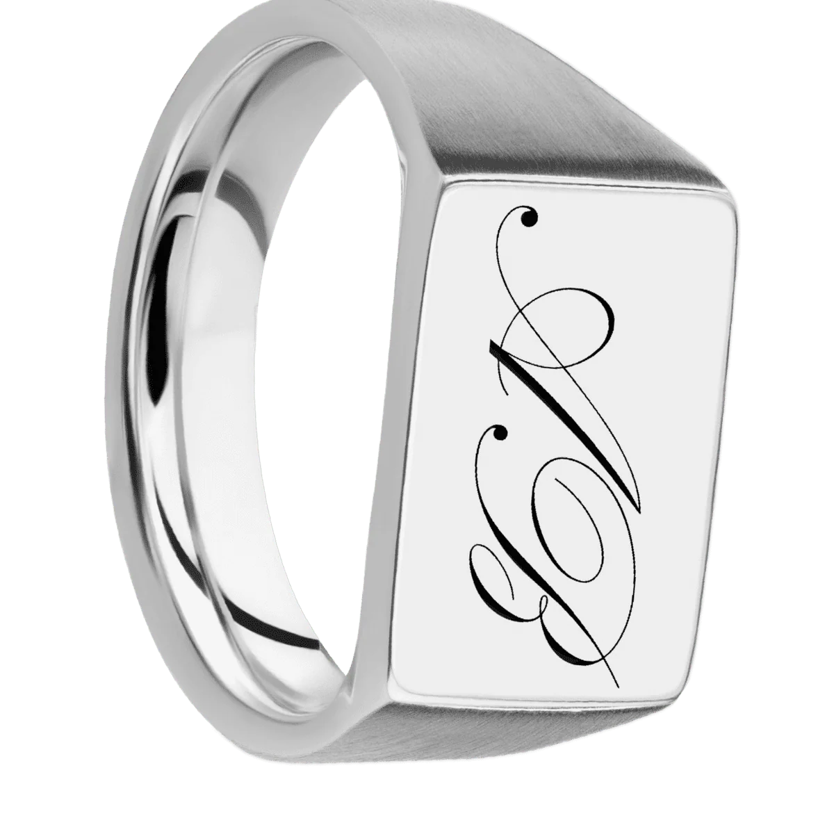 Medium Horizontal Rectangle signet ring (16x11.5mm) in Platinum, with a Wide style band and a Kunstler Script 2 engraving.