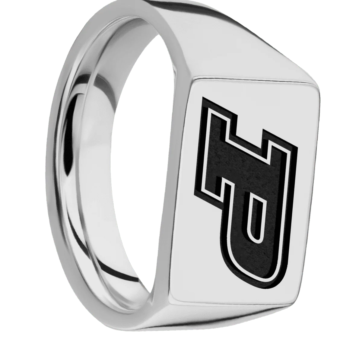 Medium Horizontal Rectangle signet ring (16x11.5mm) in Titanium, with a Wide style band and a Purdue Motion P engraving.