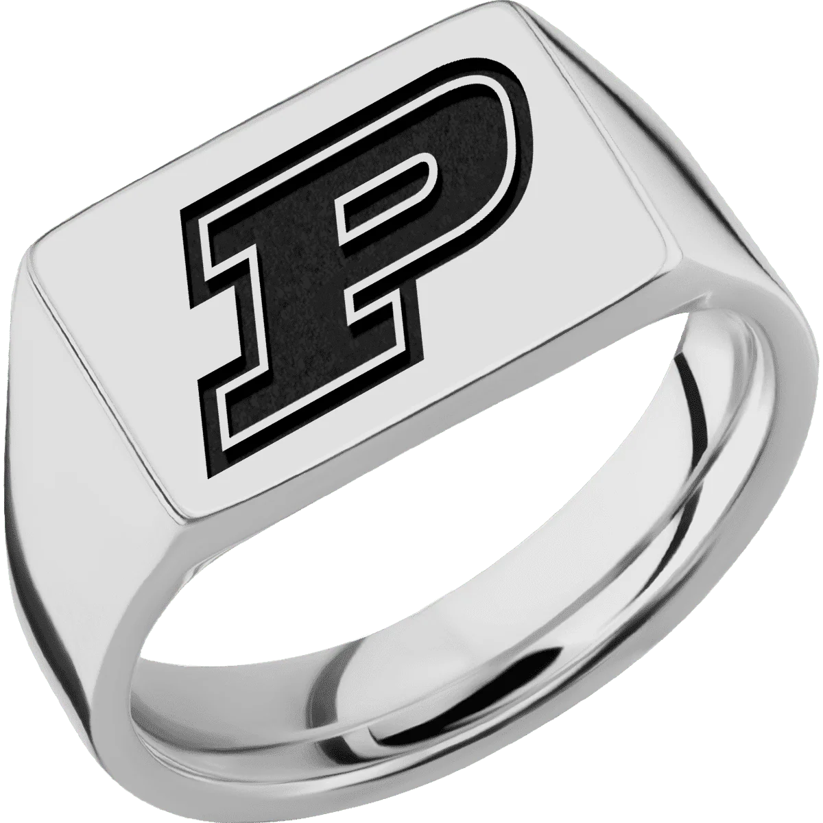 Medium Horizontal Rectangle signet ring (16x11.5mm) in Titanium, with a Wide style band and a Purdue Motion P engraving. - Image 2