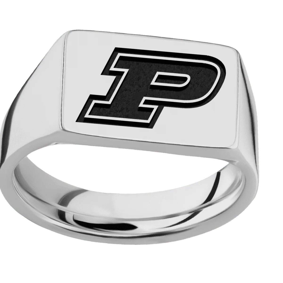 Medium Horizontal Rectangle signet ring (16x11.5mm) in Titanium, with a Wide style band and a Purdue Motion P engraving. - Image 3