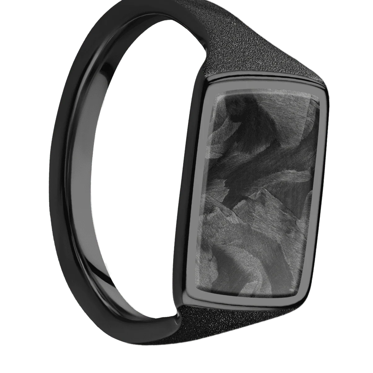 Medium Horizontal Rectangle signet ring (16x11.5mm) in Zirconium, with a Thin style band, a Forged Carbon Fiber inlay.
