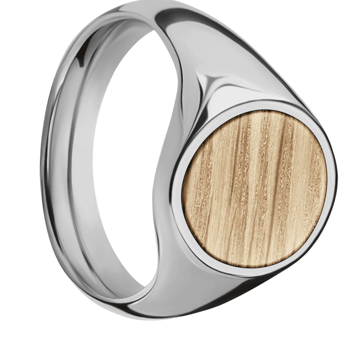 Medium Oval signet ring (16x13mm) in Titanium, with a Wide style band, a Natural Oak inlay.