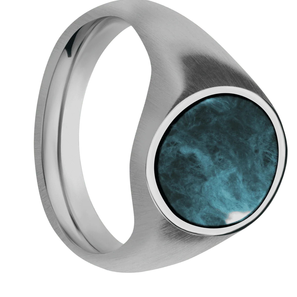 Medium Oval signet ring (16x13mm) in Titanium, with a Wide style band, a Washington Blue Jade inlay.