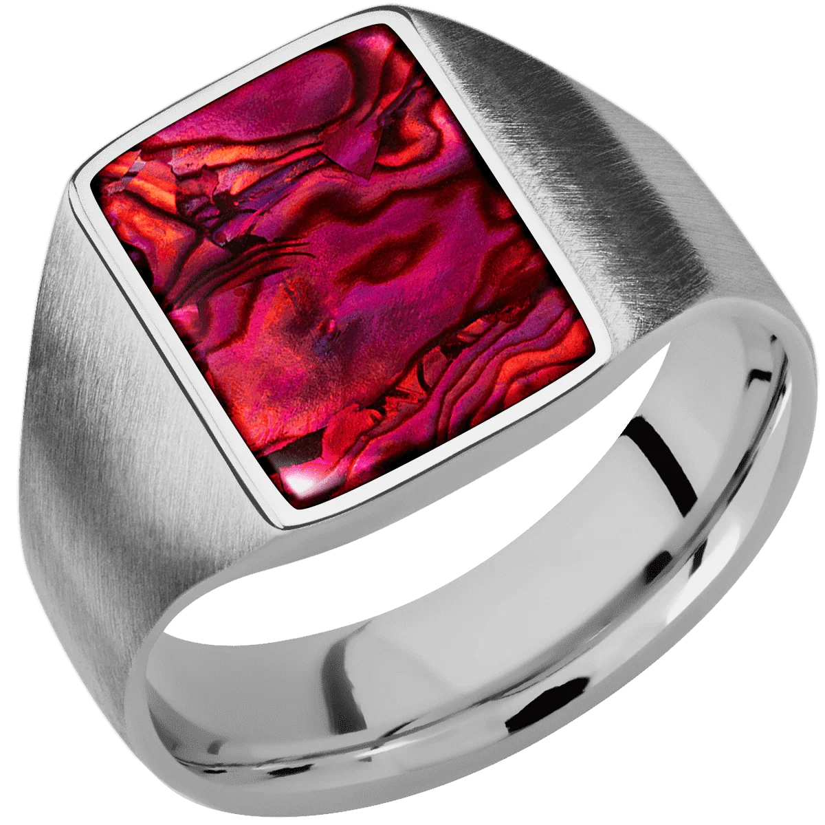 Medium Rectangle signet ring (16x11.5mm) in Titanium, with a Wide style band, a Fuchsia Abalone inlay. - Image 2