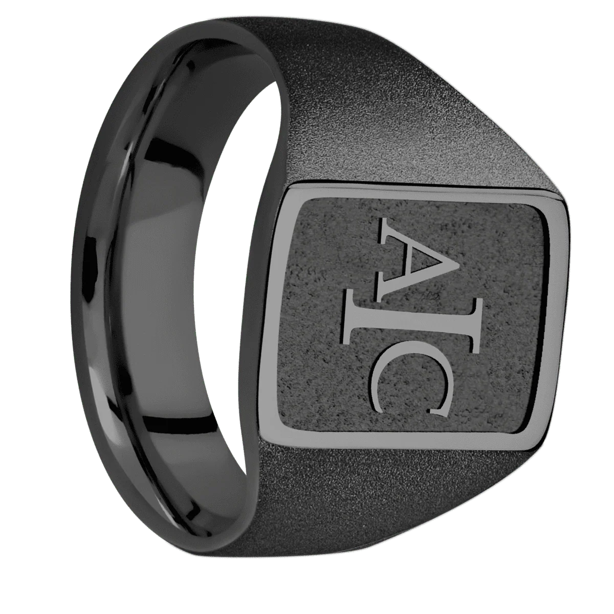 Medium Rectangle signet ring (16x11.5mm) in Zirconium, with a Wide style band and a Book Antiqua 3 Rev engraving.
