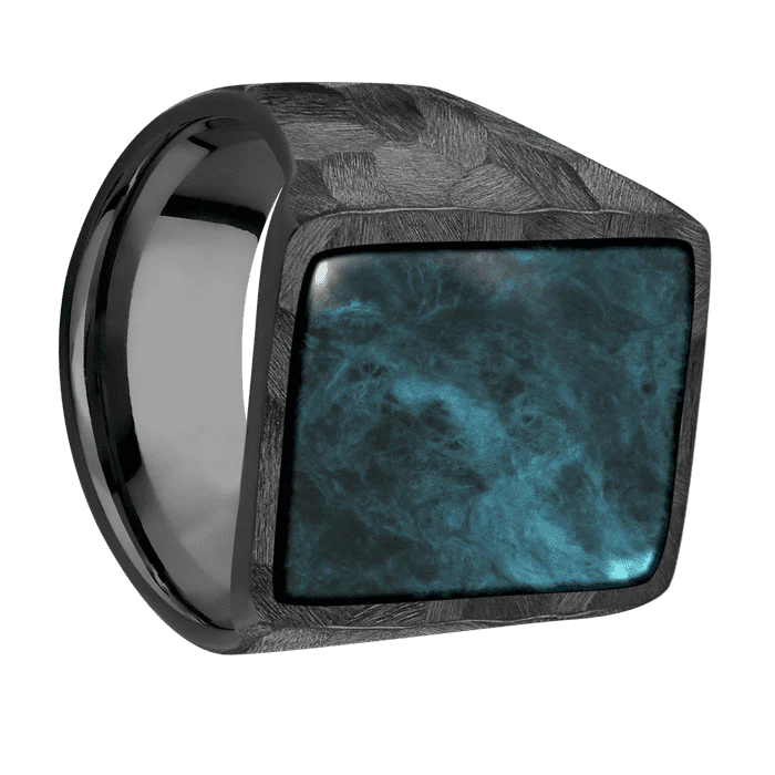 Rectangle Black Titanium Signet Ring / Rock Ring Finish and Rock Signet Finish / Washington Blue Jade Inlay with Semi-Precious Polish Finish / Size 9 - Image 2