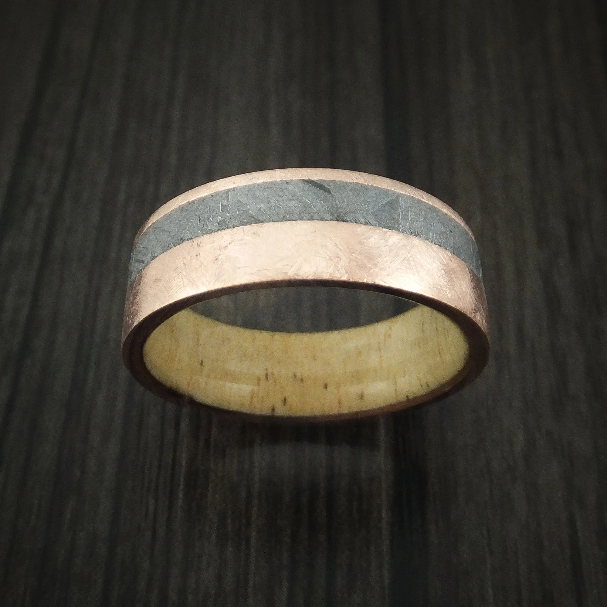 Rose Gold and Gibeon Meteorite Men's Band with Spalted Tamarind Wood Sleeve Custom Made - Image 2