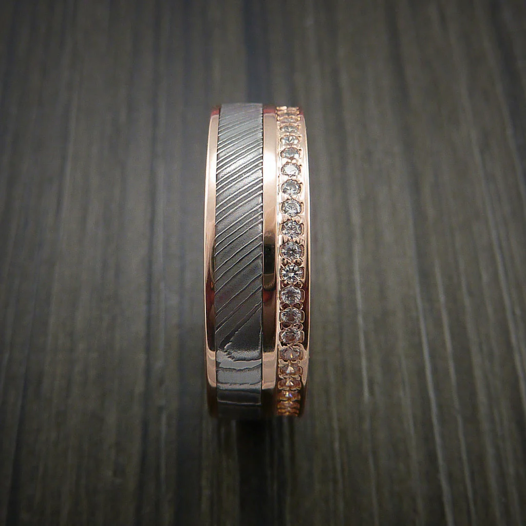 Rose Gold Eternity Band, Damascus Steel Men's Ring with 30+ Moissanite Stones - Image 5