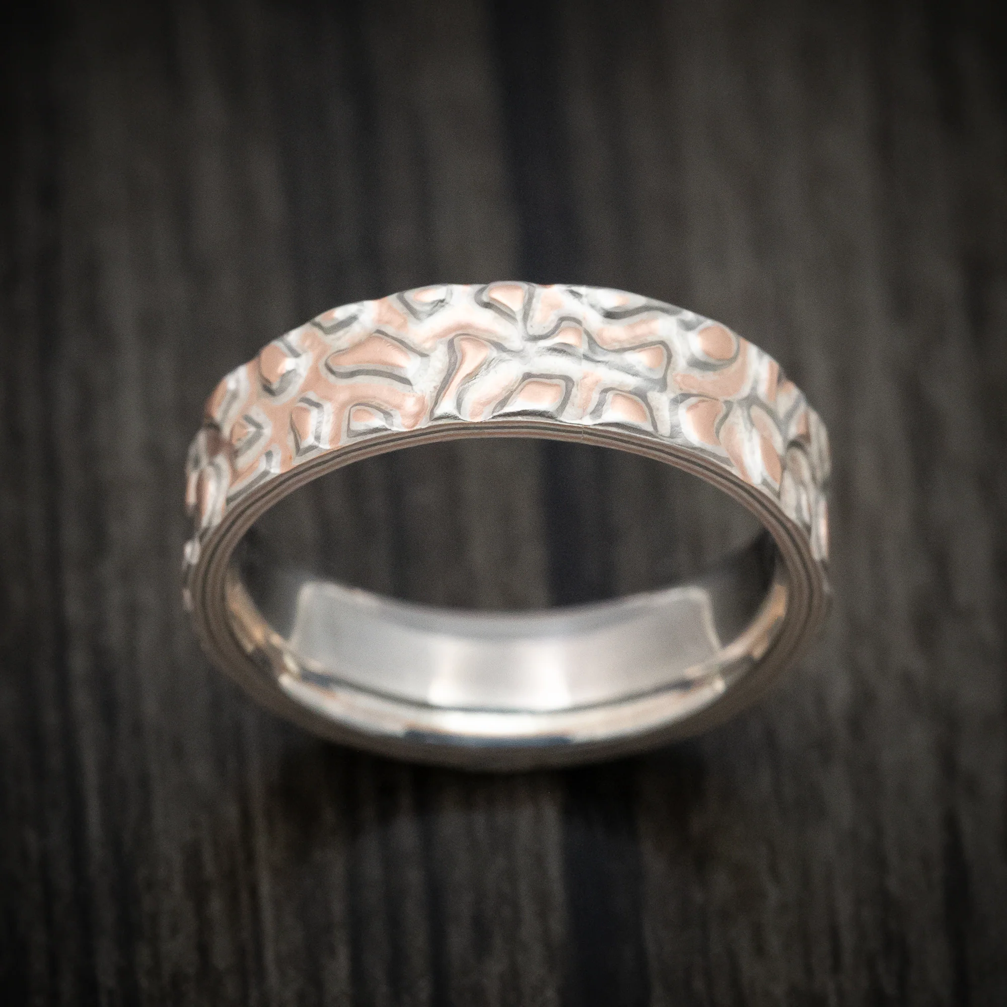 White Gold, Silver and Rose Gold Mokume Gane Custom Made Men's Ring - Image 2