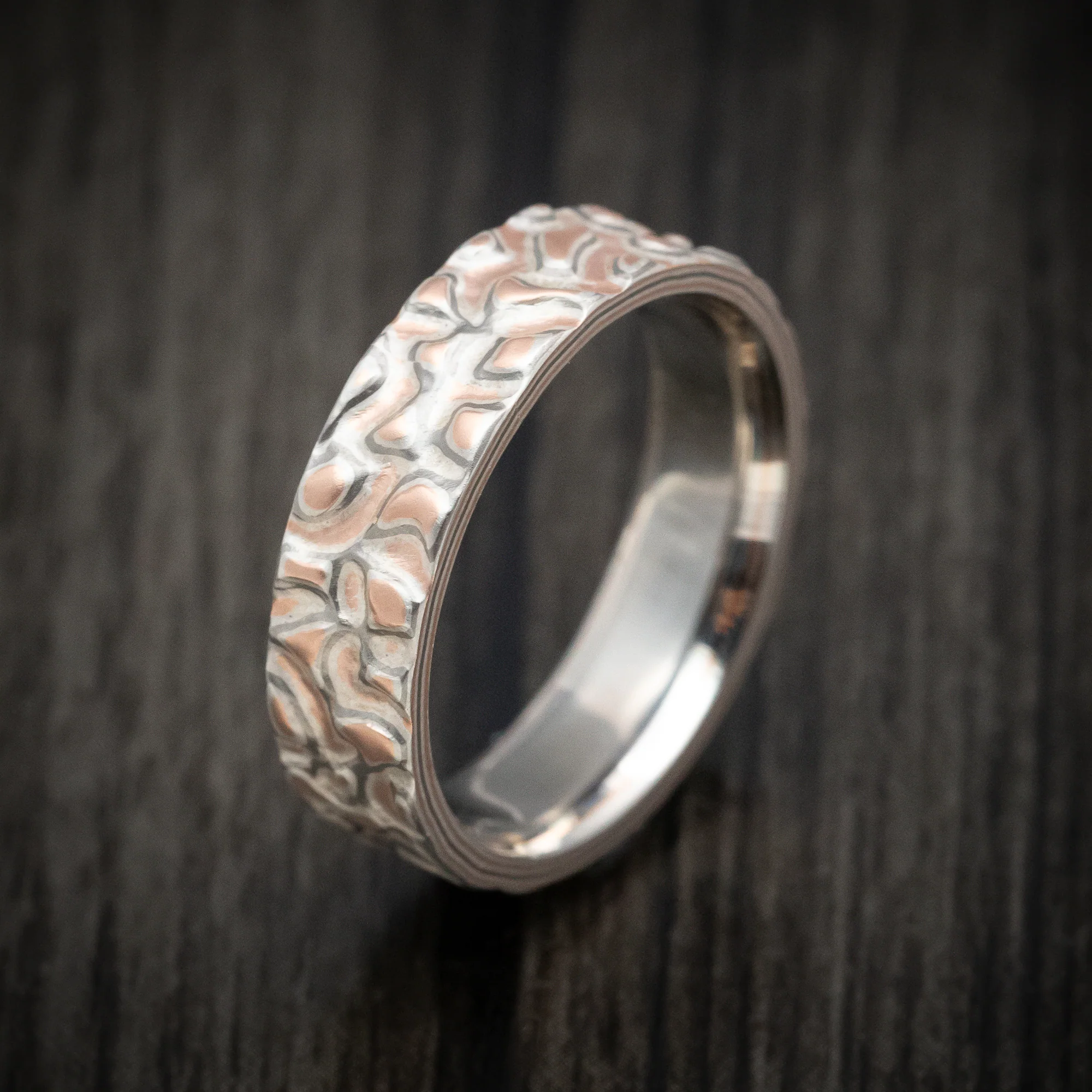 White Gold, Silver and Rose Gold Mokume Gane Custom Made Men's Ring - Image 3