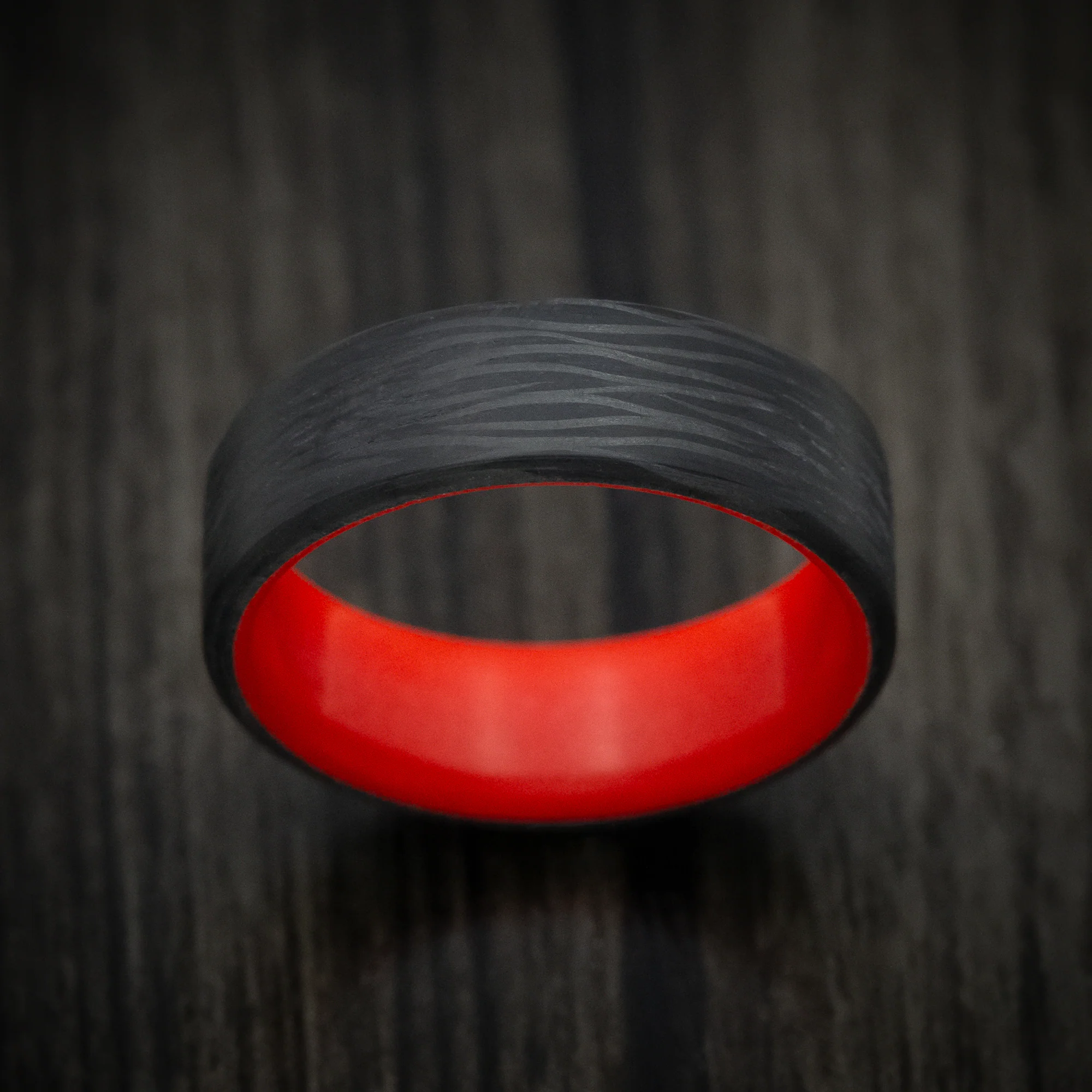 Side-Cut Carbon Fiber Men's Ring with Red Glow Sleeve - Image 2