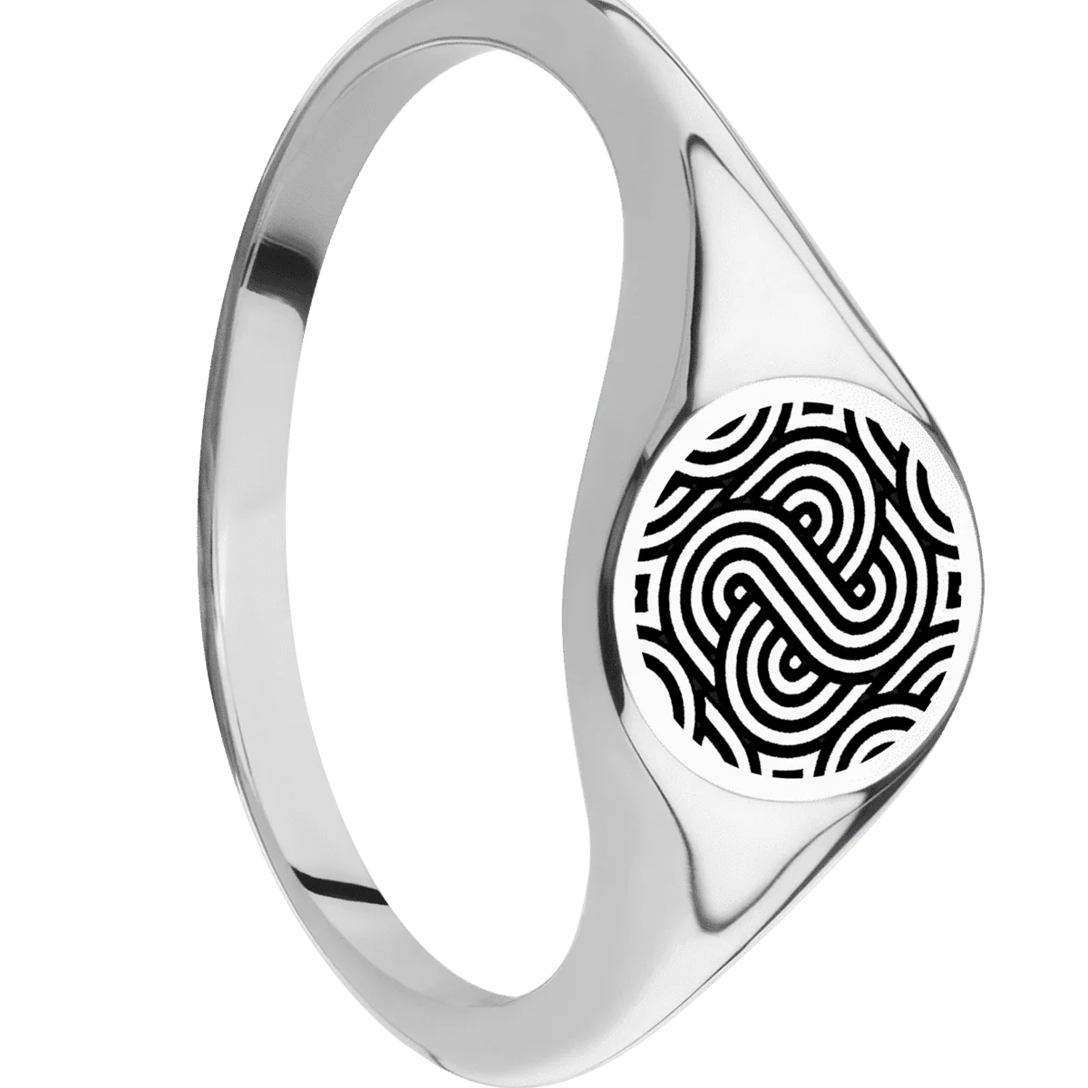 Small Circle signet ring (10mm) in Platinum, with a Thin style band and an Abstract 1 engraving.